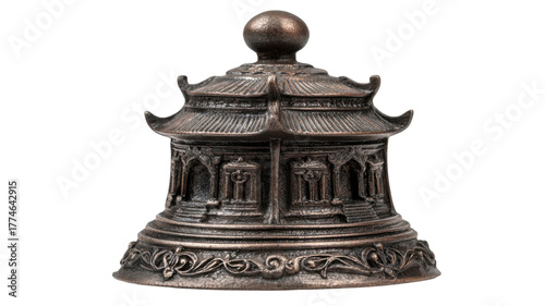 Bronze Pagoda Bell Souvenir with Ornate Detailing on white background 