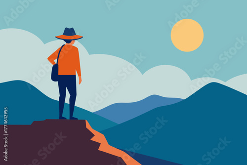  Solo Hiker on Mountain Ridge Vector