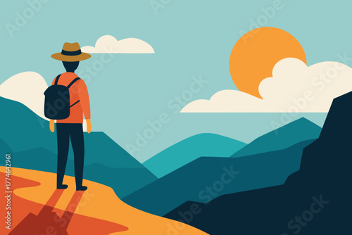  Solo Hiker on Mountain Ridge Vector