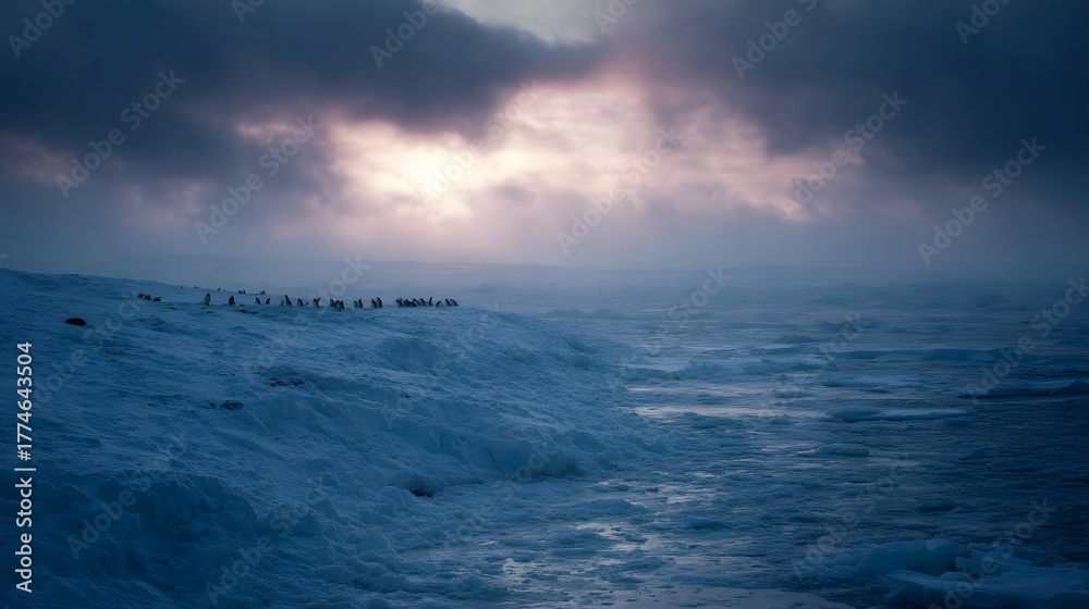 Obraz premium Penguins gathered on a vast frozen icy landscape under a dramatic cloudy sky at twilight