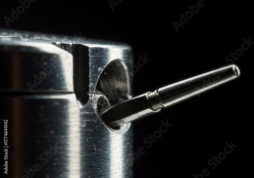 Macro shot of a finely crafted metallic instrument, highlighting its intricate details and polished surfaces, symbolizing accuracy and meticulous control ,accuracy ,industrial ,focus
