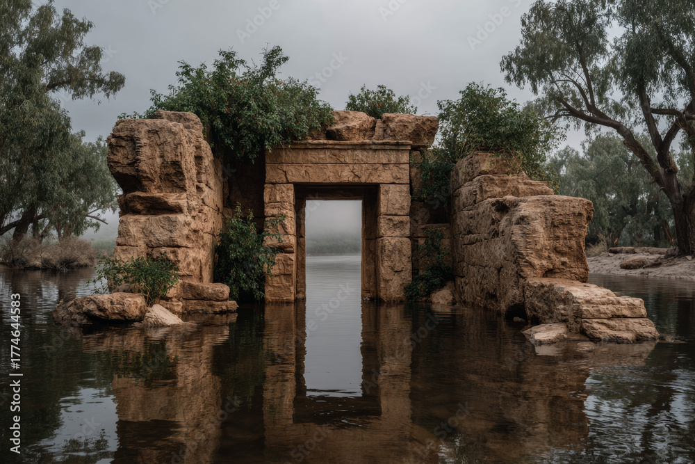 Naklejka premium The Petrified Gate: A Sacred Relic of Wood Standing Silent Beneath the Overcast Sky
