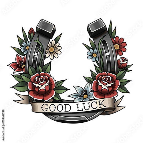 Horseshoe surrounded by flowers and a banner reading "Good Luck".