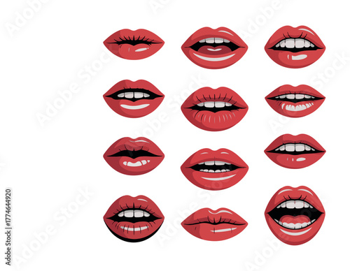 Twelve red lips in various open and closed positions mouth.