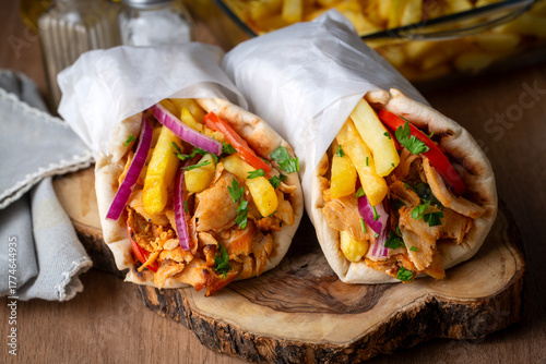 Greek chicken gyros wrapped in pita breads
