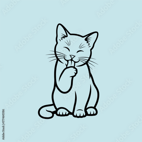 A playful cat licking its paw, set against a light blue background, conveying a sense of joy and cleanliness