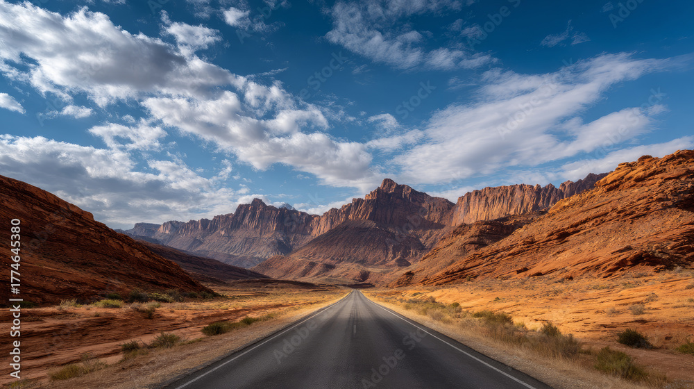 Fototapeta premium A desert road cutting through layered red sandstone terrain, empty highway. beautiful desert background. gorgeous scene straight out Arabian fairy tale, where sand, heat, silence reign.