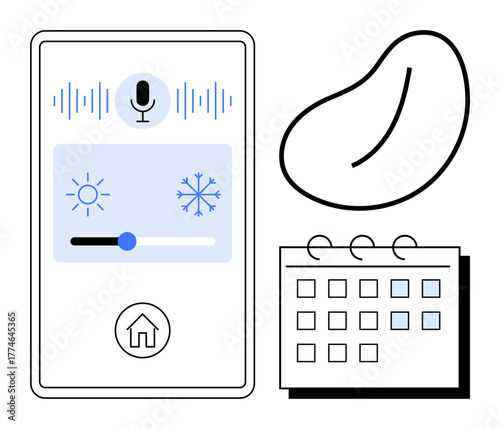 Smart home interface with voice control, climate settings, calendar scheduler, and abstract shapes. Ideal for technology, innovation, home automation, scheduling, energy efficiency convenience