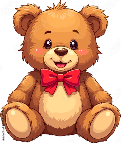 A soft and adorable cartoon teddy bear with a bright red bow, illustrated in warm colors, perfect for children’s artwork, toy themes, nursery designs, holiday graphics, and cute character-based creati