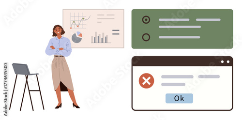 Woman standing confidently near charts analyzing data, interface elements showing tasks and error dialogs. Ideal for teamwork, productivity, presentations, problem-solving, management, data