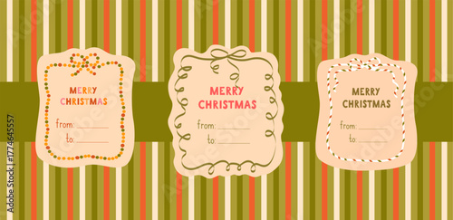 Set of three Christmas gift tags with cute frames made of garlands and ribbons on striped back. Festive minimalist design in warm cozy colors, perfect for holiday cards, gifts, and printable labels.