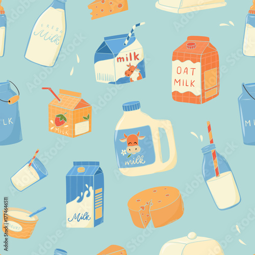 Milk doodles, dairy products cartoon elements seamless pattern for wallpapers, scrapbooking, stationery, social media visuals, wrapping paper, product packaging, etc. EPS 10