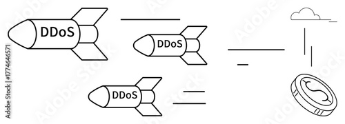 Missiles labeled DDoS flying toward a target coin, representing cyberattacks on finance. Ideal for cybersecurity, hacking, internet threat, prevention, finance, online safety, simple flat metaphor