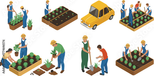 Isometric illustration of farmers planting vegetables, watering plants, and growing crops in garden beds with tools and gardening equipment