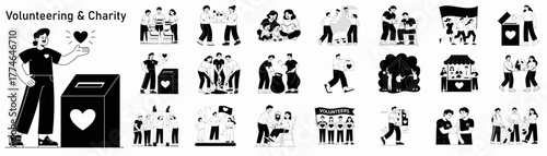 volunteering and charity vector illustration set with people donating, helping and cleaning, black and white collection for community support concepts