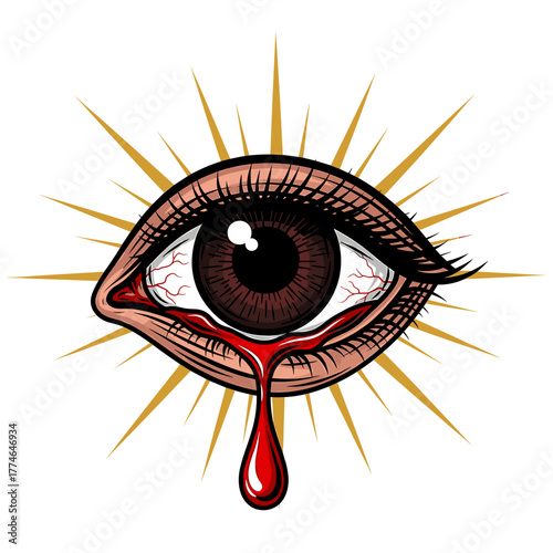 A stylized illustration of a weeping eye with blood tears and radiating light.