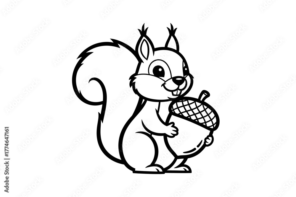 Naklejka premium Cheerful cartoon squirrel holding an acorn, set against a simple white background, ideal for children's designs