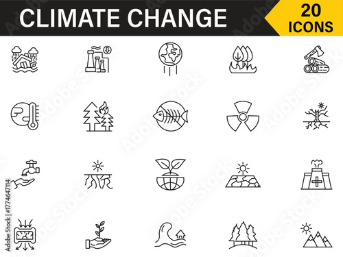 Set of climate change line icons. Natural disasters, biodiversity loss, global warming, uv rays and more thin black outline symbol. Climate crisis and planet protection concept.