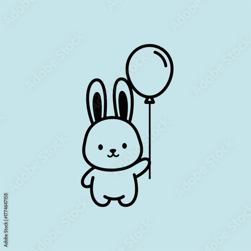 Cute cartoon bunny holding a balloon against a light blue background, ideal for children's themes