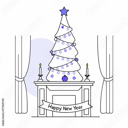 Christmas Tree on Fireplace Mantel – Minimal New Year Home Decor Vector