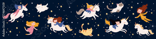 A set of flat vector illustrations in a simple children's style. Cute sleeping girls fly through the night sky on unicorns, flying cats, dreams, and magic. Vector illustration