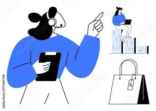 Professional woman holding clipboard and headset, another sitting with laptop on bar charts, and a shopping bag featuring a discount tag. Ideal for customer service, e-commerce, online shopping