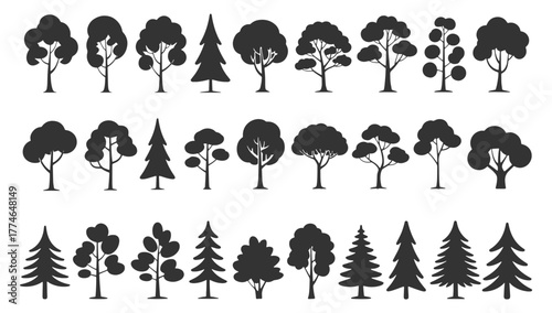 Minimal style cad tree line drawing, Side view, set of graphics trees elements Illustration Vector 