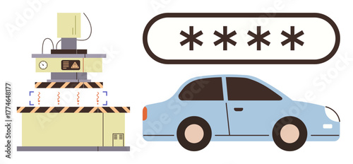 Car parked near industrial machine emitting caution lines, paired with password entry concept. Ideal for security, automation, encryption, password protection, industry, technology safety. Simple