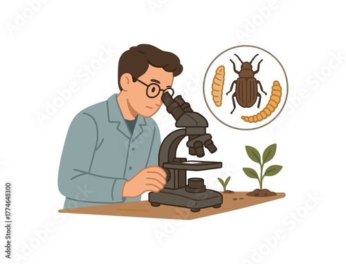 researcher examining insect growth under microscope scientific innovation farming flat vector illustration style isolated on white background