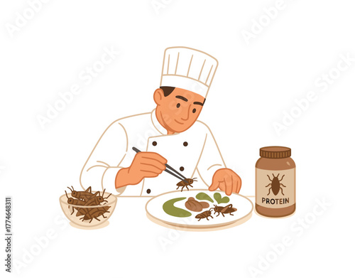 chef preparing insect protein dish gourmet sustainable cuisine and innovation flat vector illustration style isolated on white background