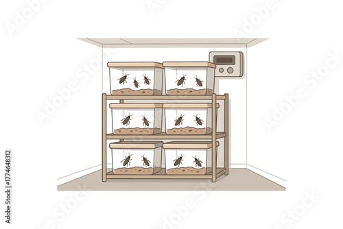 insect breeding boxes stacked climate controlled room small scale farming setup flat vector illustration style isolated on white background