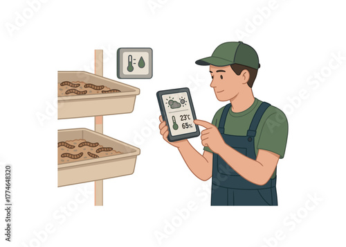 insect farm technician monitoring climate conditions for optimal growth flat vector illustration style isolated on white background