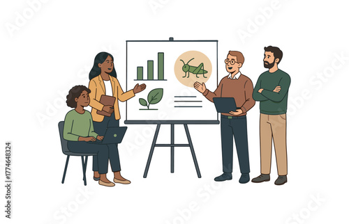 startup team presenting insect protein business plan sustainable food future flat vector illustration style isolated on white background