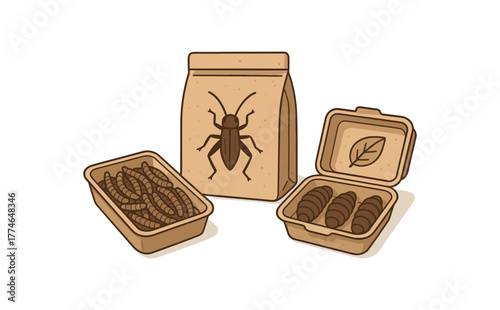 packaging insect snacks eco friendly biodegradable containers sustainable food flat vector illustration style isolated on white background
