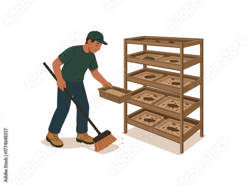 cricket habitat maintenance technician cleaning and replenishing farm units flat vector illustration style isolated on white background