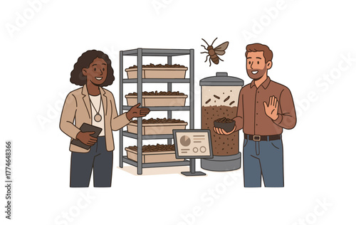 insect farming startup founders showcasing prototype facility and technology flat vector illustration style isolated on white background