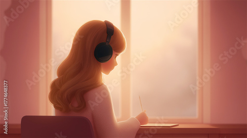 Young woman sitting by window wearing headphones, enjoying peaceful music in soft morning light.