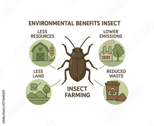 educational infographic explaining environmental benefits of insect farming flat vector illustration style isolated on white background