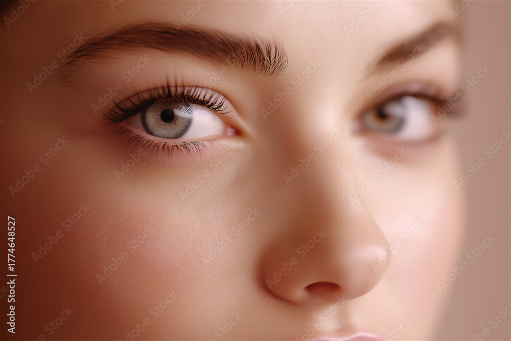 Obraz premium Close-up of woman’s face with focus on eyes and lips, representing beauty, sensuality, and human emotion.