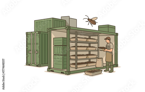 insect farming shipping containers modular scalable and efficient solution flat vector illustration style isolated on white background