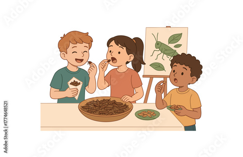 kids tasting insect snacks educational tasting event promoting sustainable diets flat vector illustration style isolated on white background