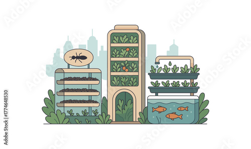future city food hub combining insect farms vertical gardens and aquaponics flat vector illustration style isolated on white background