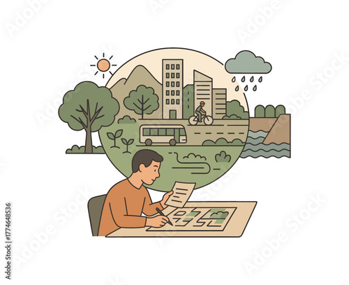 climate adaptation planner creating resilient urban spaces for future challenges flat vector illustration style isolated on white background
