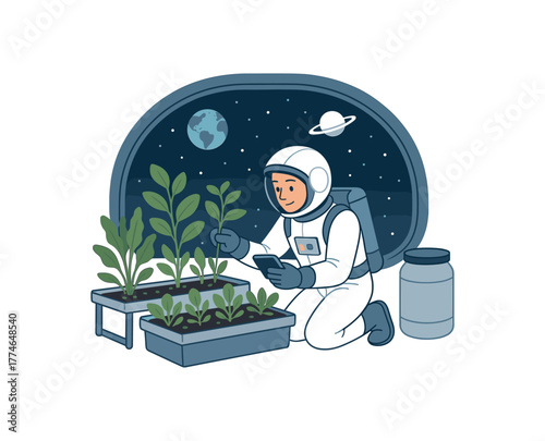space agriculture specialist cultivating plants orbital greenhouse for astronauts flat vector illustration style isolated on white background