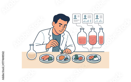 synthetic food designer creating lab grown meals tailored to individual nutrition flat vector illustration style isolated on white background