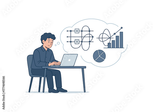 quantum data analyst interpreting complex quantum algorithms for business insights flat vector illustration style isolated on white background