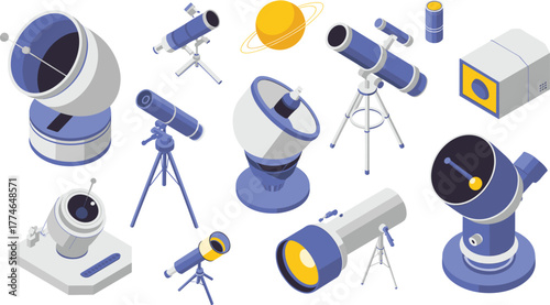 Isometric illustration of various telescopes, radio dishes, and astronomical observation equipment for space exploration, science research, and stargazing concept