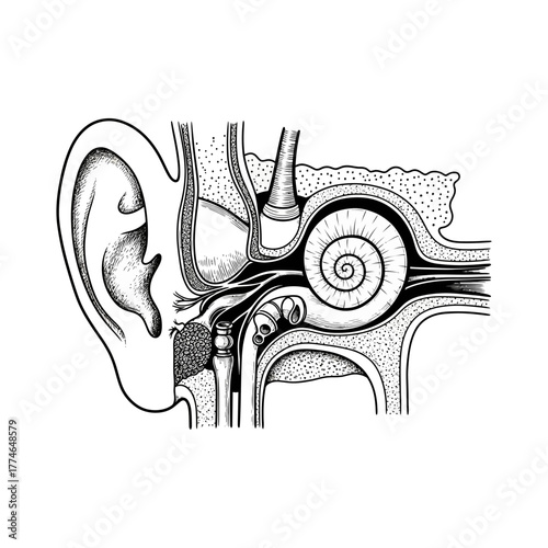 Detailed anatomical illustration of the human ear, highlighting the cochlea and auditory structures