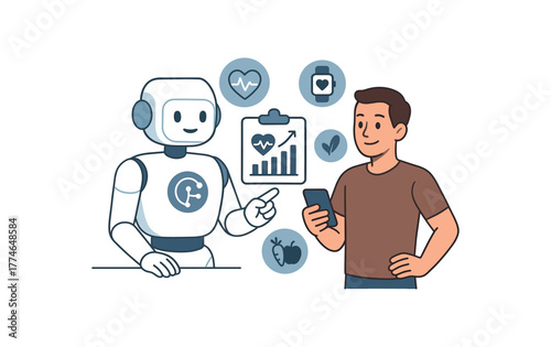 ai personal health coach monitoring biometrics and optimizing daily habits for clients flat vector illustration style isolated on white background