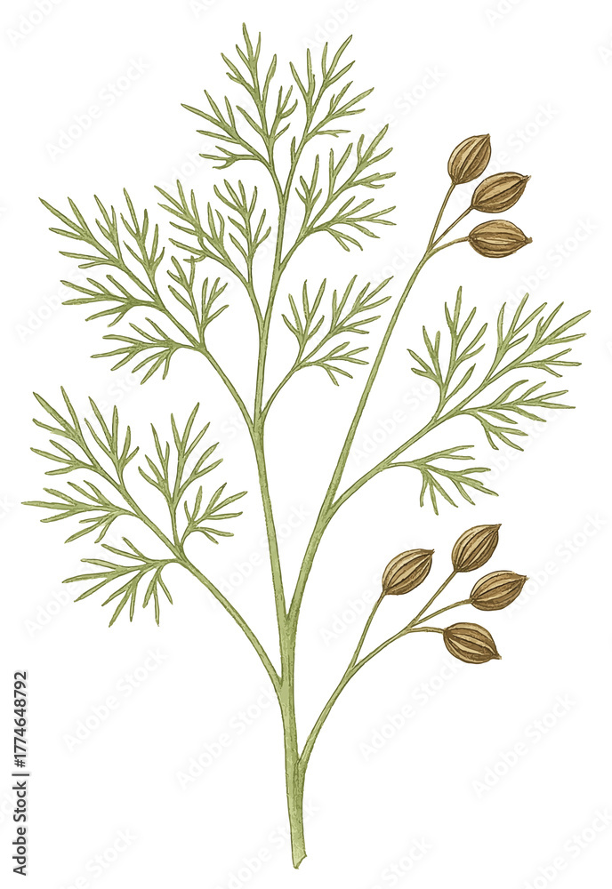 Fototapeta premium Dill leaves and seeds botanical illustration